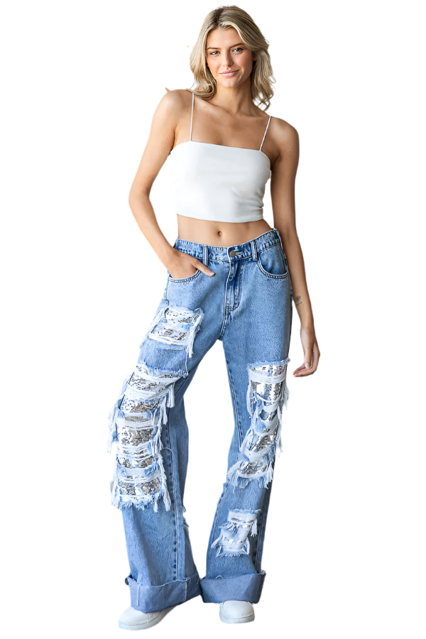 Washed Distressed Sequin Denim