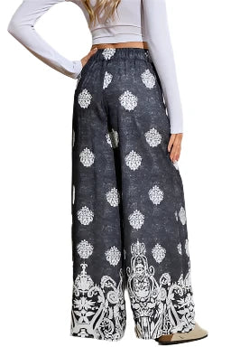 Black Bohemian Print Drawstring Waist Wide Leg Pants