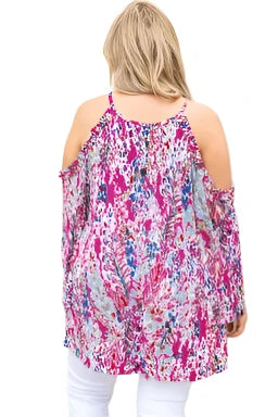 Pink Abstract Print Boho Cold Shoulder Plus Size Top