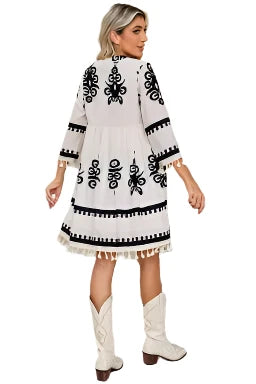 Beige Ethnic Print Notch V Neck Fringe Mini Dress