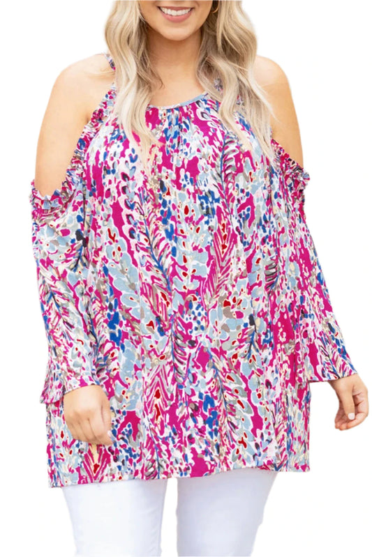 Pink Abstract Print Boho Cold Shoulder Plus Size Top