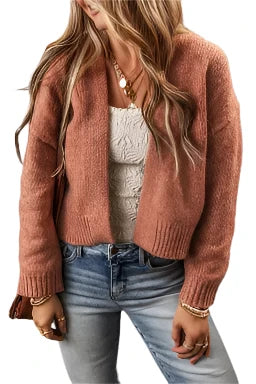 French Beige Drop Sleeve Open Front Cropped Cardigan