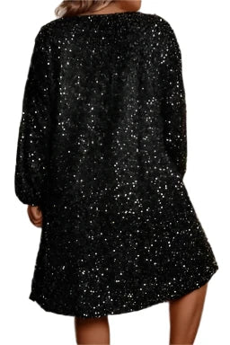 Twilight Glam Bubble Sleeve V Neck Sequin Dress