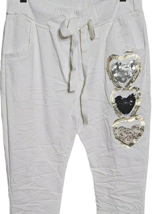 Ladies Italian Stretch Plain Pants Magic (White with Hearts)