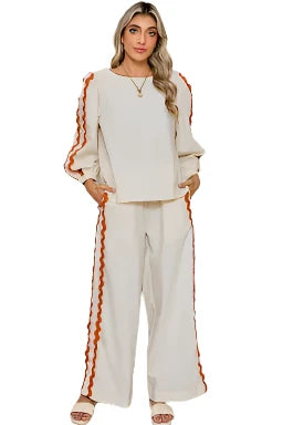 Ric Rac Trim Long Sleeve Top and Wide Leg Pants Set