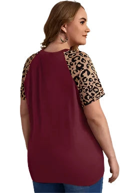 Burgundy Contrast Leopard Raglan Sleeve Plus Size T-shirt