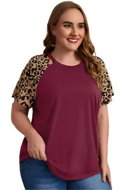 Burgundy Contrast Leopard Raglan Sleeve Plus Size T-shirt