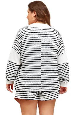 Black Stripe Textured V Neck Long Sleeve Top and Shorts Plus Size Set