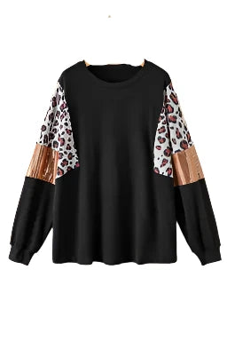 Black Plus Size Leopard Sequin Patchwork Long Sleeve Top