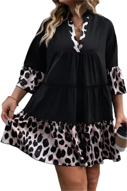 Black Leopard Patchwork Split Neck Ruffle Plus Size Dress