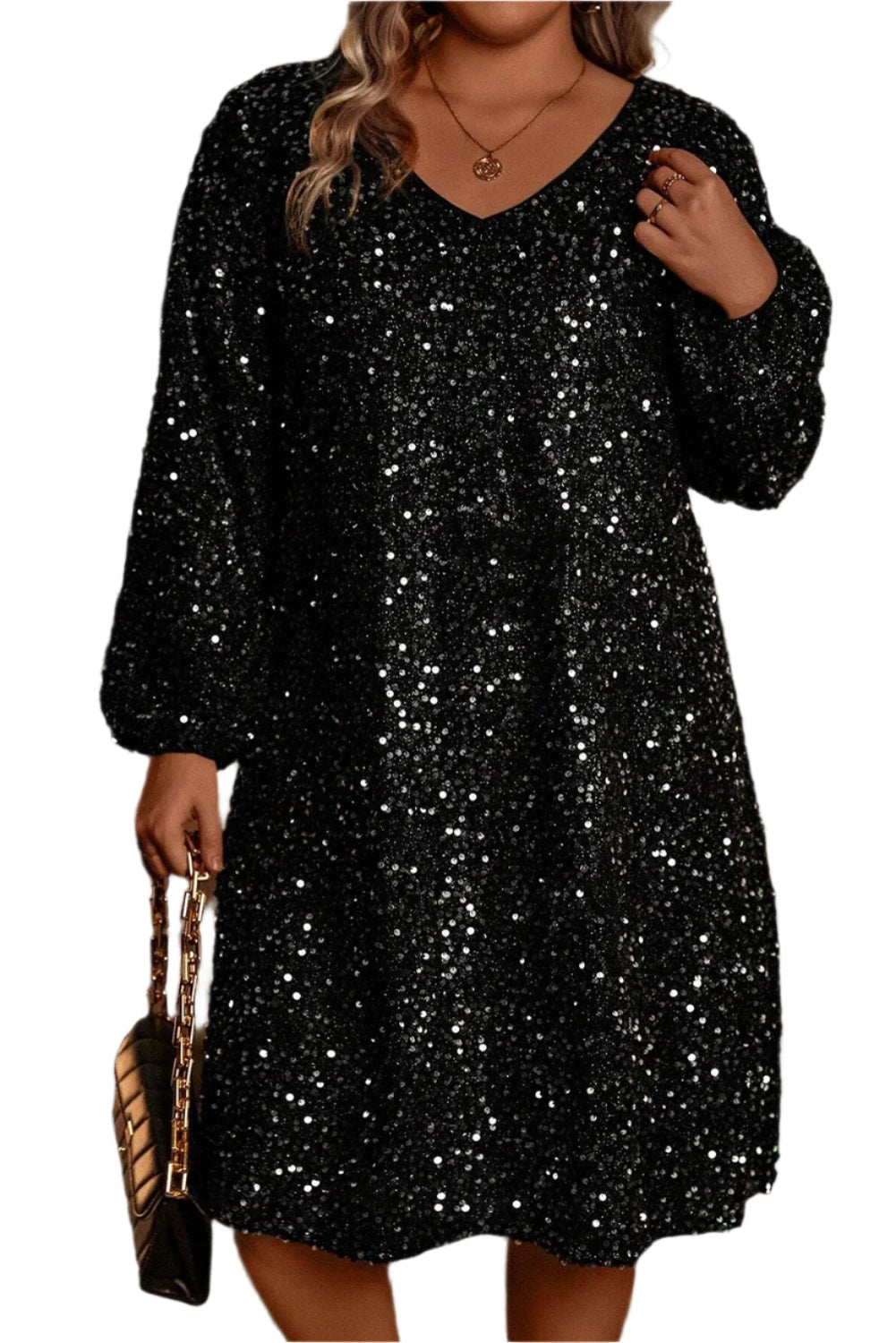 Twilight Glam Bubble Sleeve V Neck Sequin Dress