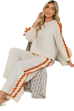 Ric Rac Trim Long Sleeve Top and Wide Leg Pants Set