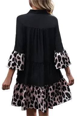 Black Leopard Patchwork Split Neck Ruffle Plus Size Dress