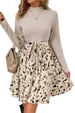 Beige Ribbed Knit Patchwork Abstract Printed Belted Short Dress