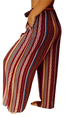 Red Boho Ethnic Striped Print Tie Waist Wide Leg Pants