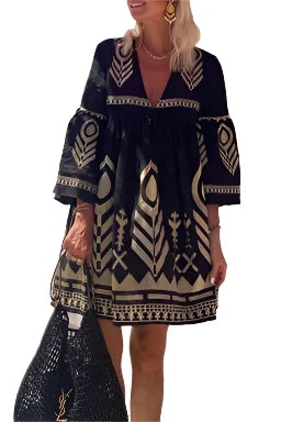 Black Ethnic Print V Neck Flared Sleeve Dress