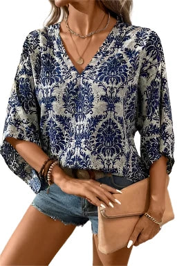 Blue Bohemian Print V Neck Flounce Sleeve Blouse