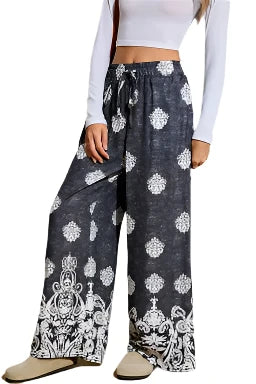 Black Bohemian Print Drawstring Waist Wide Leg Pants