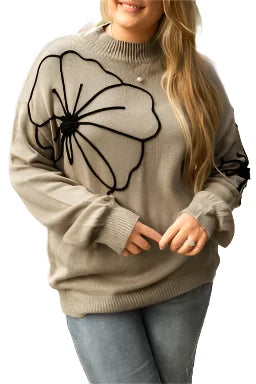 Dark Khaki Plus Size Flower Pattern High Neck Drop Shoulder Sweater