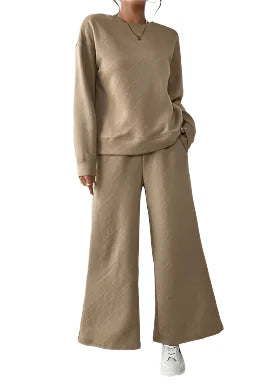 Dark Khaki Textured Loose Slouchy Long Sleeve Top and Pants Set