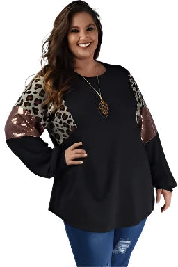 Black Plus Size Leopard Sequin Patchwork Long Sleeve Top