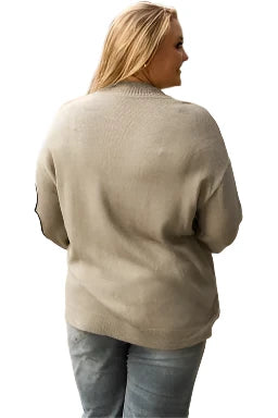 Dark Khaki Plus Size Flower Pattern High Neck Drop Shoulder Sweater