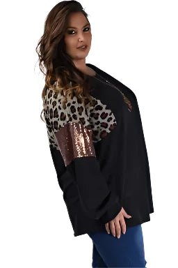 Black Plus Size Leopard Sequin Patchwork Long Sleeve Top