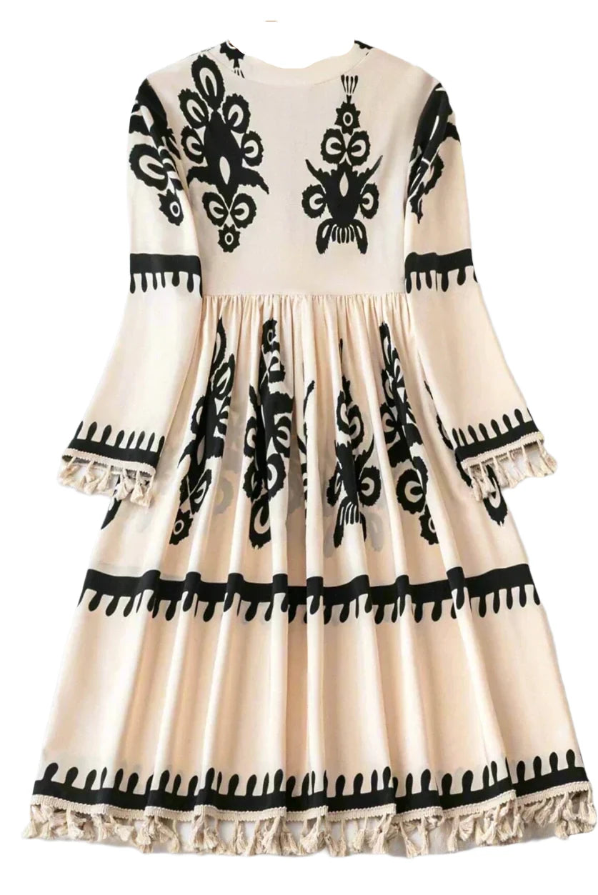 Ethnic Print Fringe Hem Dress