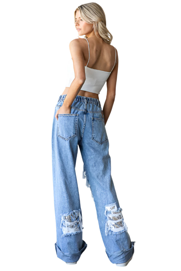 Washed Distressed Sequin Denim