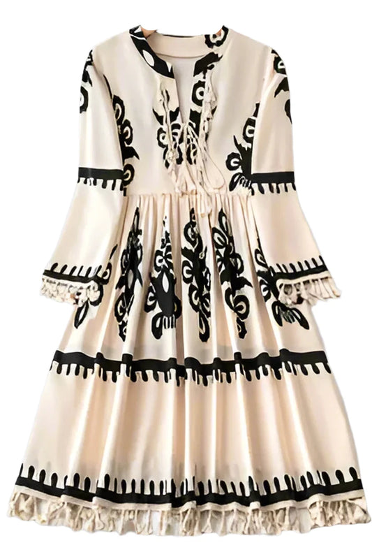 Ethnic Print Fringe Hem Dress