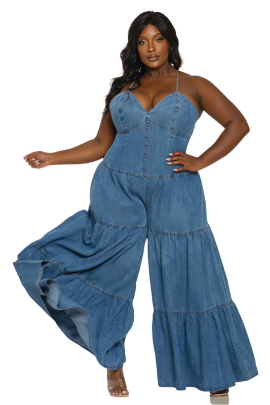 DENIM V-NECK SHOULDER STRAP O-RING BACK DETAILED TIERED WIDE LEG JUMPSUIT