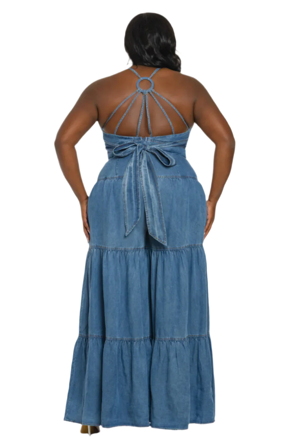 DENIM V-NECK SHOULDER STRAP O-RING BACK DETAILED TIERED WIDE LEG JUMPSUIT