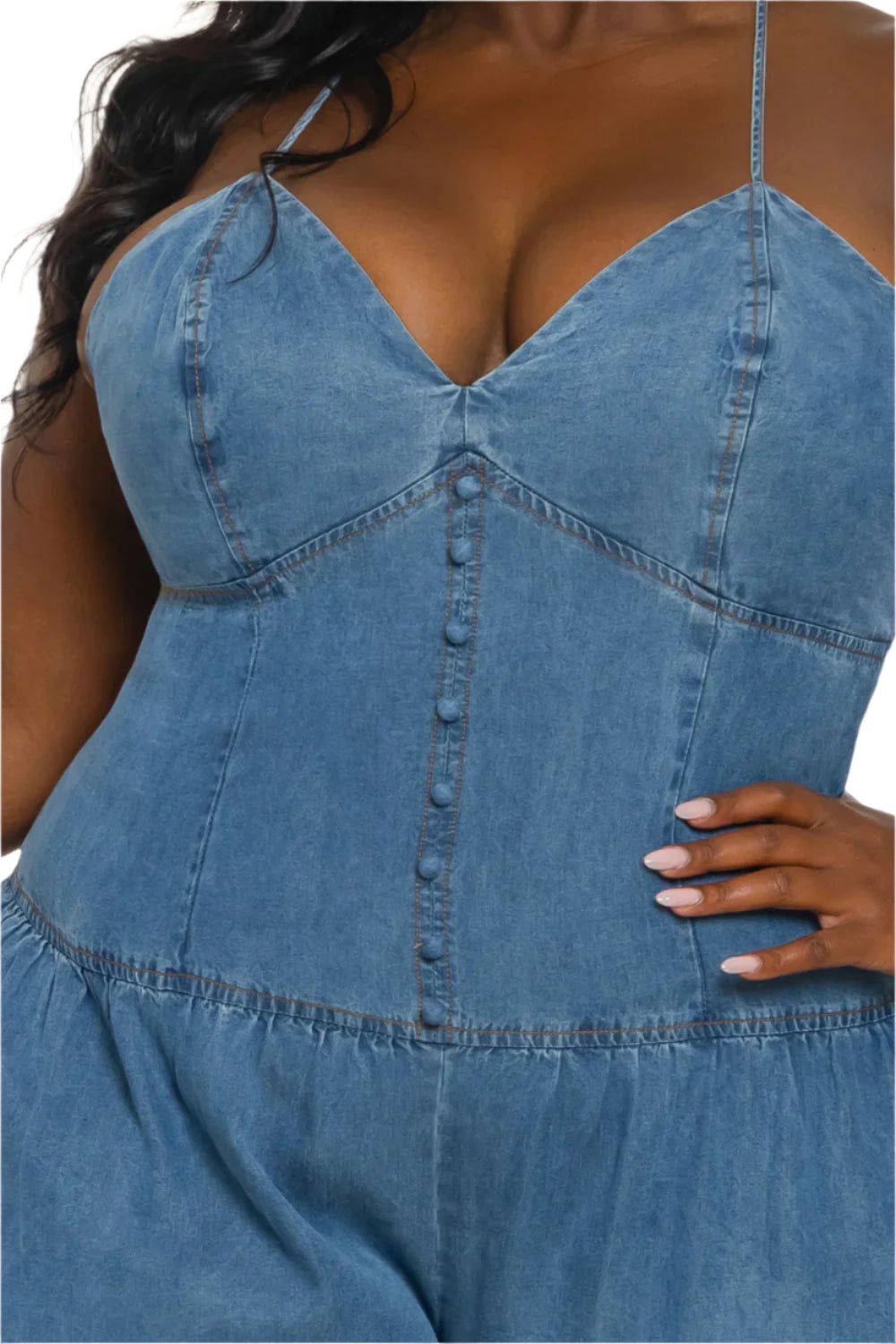 DENIM V-NECK SHOULDER STRAP O-RING BACK DETAILED TIERED WIDE LEG JUMPSUIT