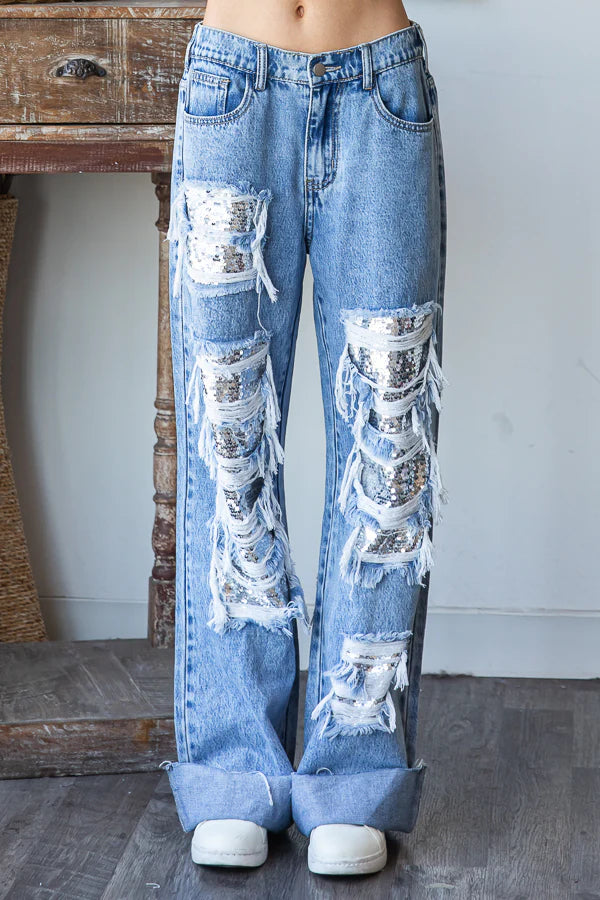 Washed Distressed Sequin Denim