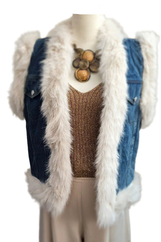 Denim Vest Faux Fur Trim