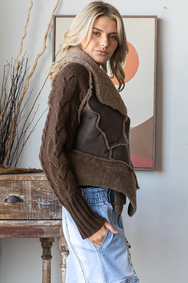 FAUX LEATHER WINTER JACKET WITH SWEATER SLEEVES