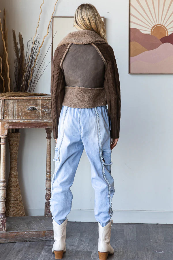 FAUX LEATHER WINTER JACKET WITH SWEATER SLEEVES