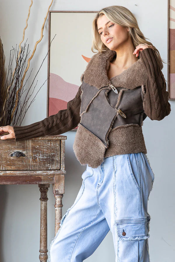 FAUX LEATHER WINTER JACKET WITH SWEATER SLEEVES