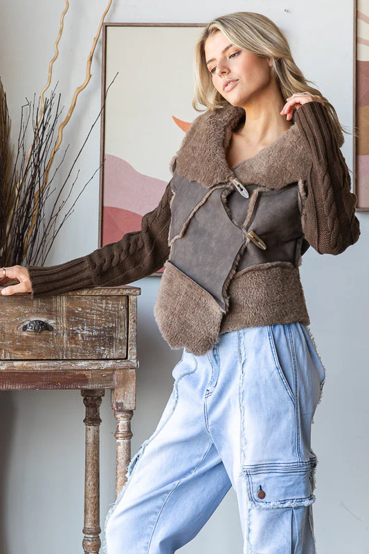 FAUX LEATHER WINTER JACKET WITH SWEATER SLEEVES