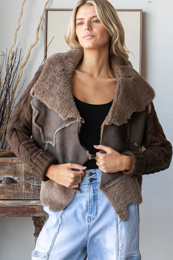 FAUX LEATHER WINTER JACKET WITH SWEATER SLEEVES