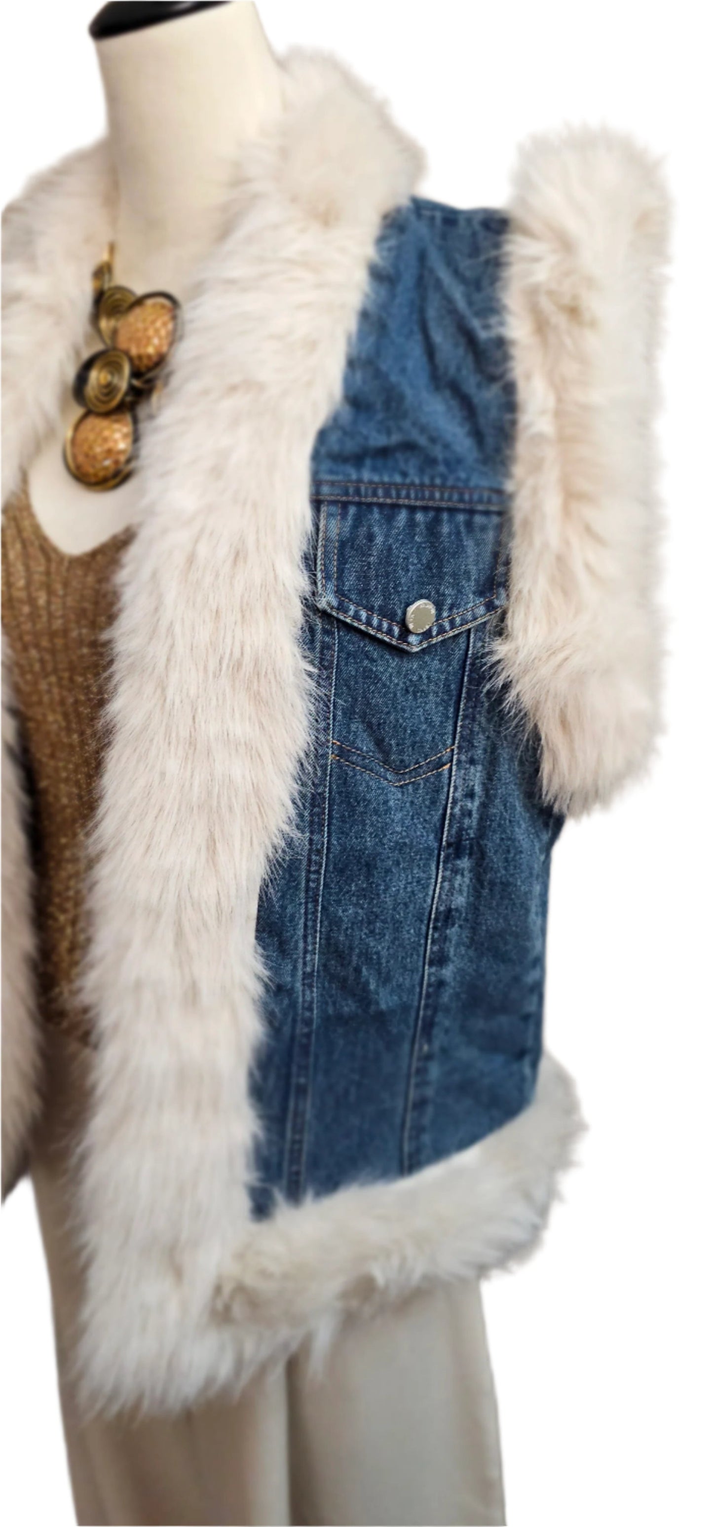 Denim Vest Faux Fur Trim