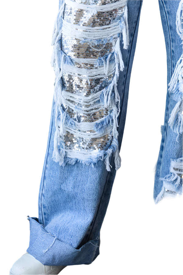 Washed Distressed Sequin Denim