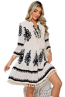 Beige Ethnic Print Notch V Neck Fringe Mini Dress