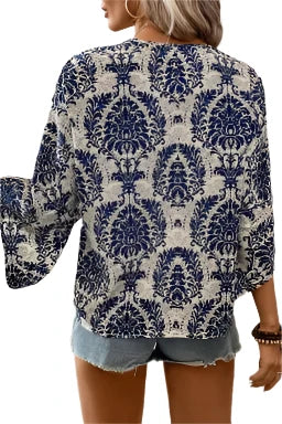 Blue Bohemian Print V Neck Flounce Sleeve Blouse